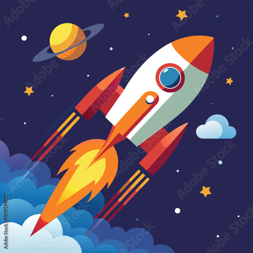 Colorful illustration of a retro rocket ship traveling through space with planets stars and stylized clouds against a dark blue background.
