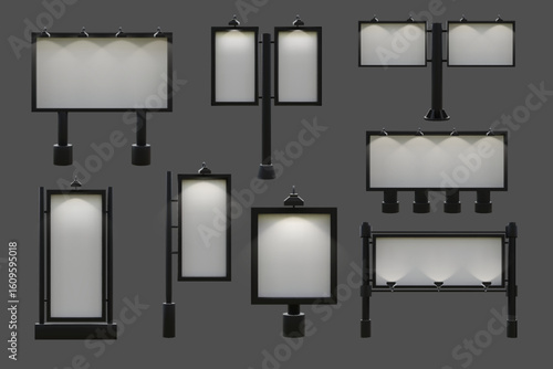 Billboard mockup. Vertical or horizontal city signboard. Outdoor bill board. 3D poster mock up. Advertising sign template. Empty display. Vector realistic roadside marketing banners set