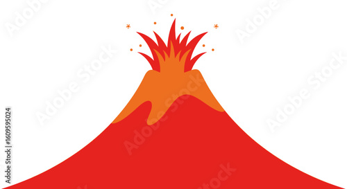 Stylized red and orange volcano in mid-eruption, spewing hot lava and ash in a flat vector graphic style.