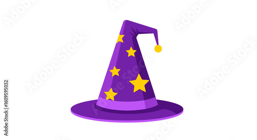 Stylized purple wizard hat with bright yellow stars and a pom-pom on its bent tip.