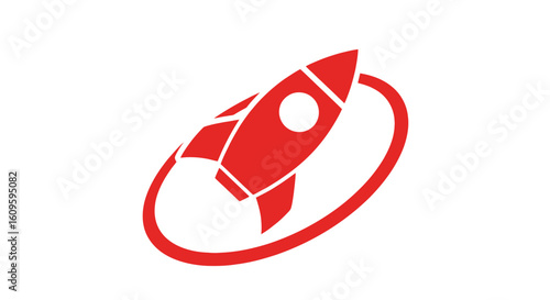 Stylized red rocket icon with a circular window and fins, encircled by an orbital path.