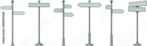 Street sign. Road post signage. Signpost on metal pole. Arrow board. Destination guide. Realistic location pointers. Metallic steel stick. Traffic roadsign. Vector isolated signboards set