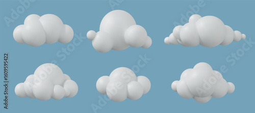 3d cloud. Sky cartoon icon, white cotton balloon on blue cute shape. Soft circle air bubble, nature smoke. Render isolated glossy icons, weather symbols, meteorology vector background