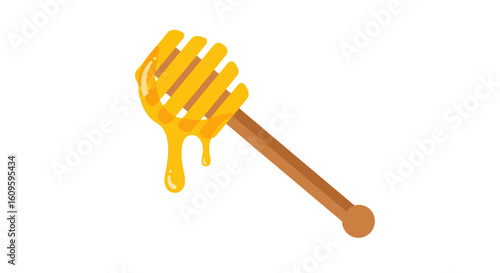 Wooden honey dipper stick with sweet, shiny golden honey dripping from its ribbed head. Flat vector illustration.