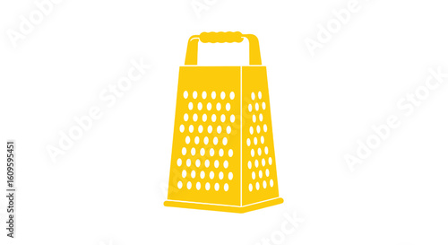 Yellow four-sided box grater kitchen utensil icon. Flat design illustration of a cooking tool with a handle and different grating surfaces.