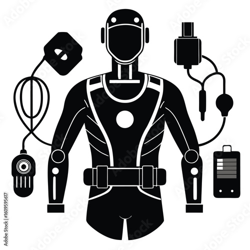 Conceptual illustration of a futuristic medical examination robot surrounded by essential diagnostic tools in a minimalist style.