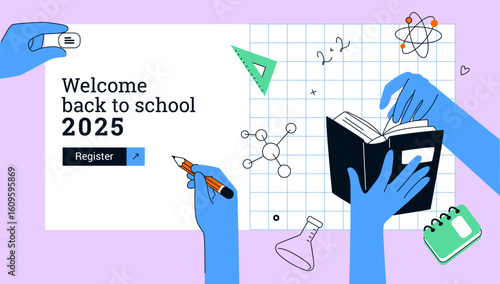 Training icons. Online school course landing page. University education. Science study class. People hands with books and stationery. Exam technology. Vector web banner design template