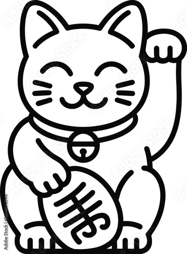 Black outline lucky cat with raised paw and coin maneki neko