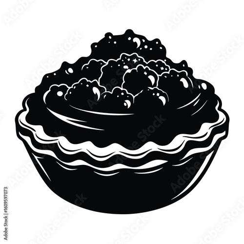 Delicious black and white illustration of a cobbler dessert serving in a bowl on a white background ready for consumption.