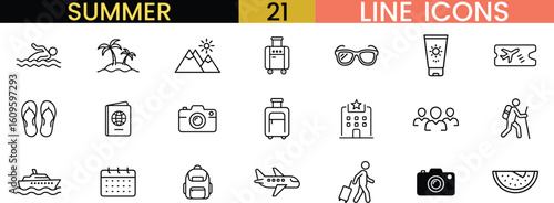 21 Summer Vacation Line Icons - Features Swimming, Hiking, Sunglasses, Watermelon, and More for Travel Designs