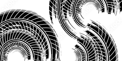 Grunge tire track, wheel braking marks. Truck, car or motorcycle tread pattern silhouette. Auto race, motorsport. vector illustration eps 10