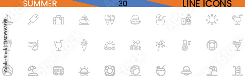 30 Summer Line Icons Vector Set - Includes Sailing, Beach, Sun, Ice Cream, and More for Hot Weather Designs