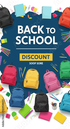 Exciting back to school sale with vibrant backpacks, notebooks, and colorful stationery, offering great discounts for students and parents.