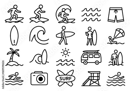 Collection of surfing and beach themed line icons
