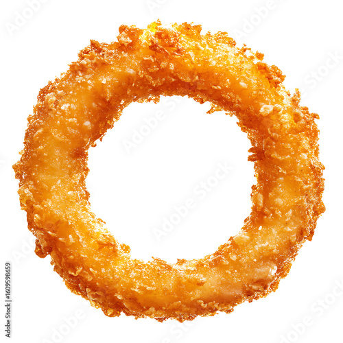 Crispy golden-brown onion ring with a textured, fried exterior