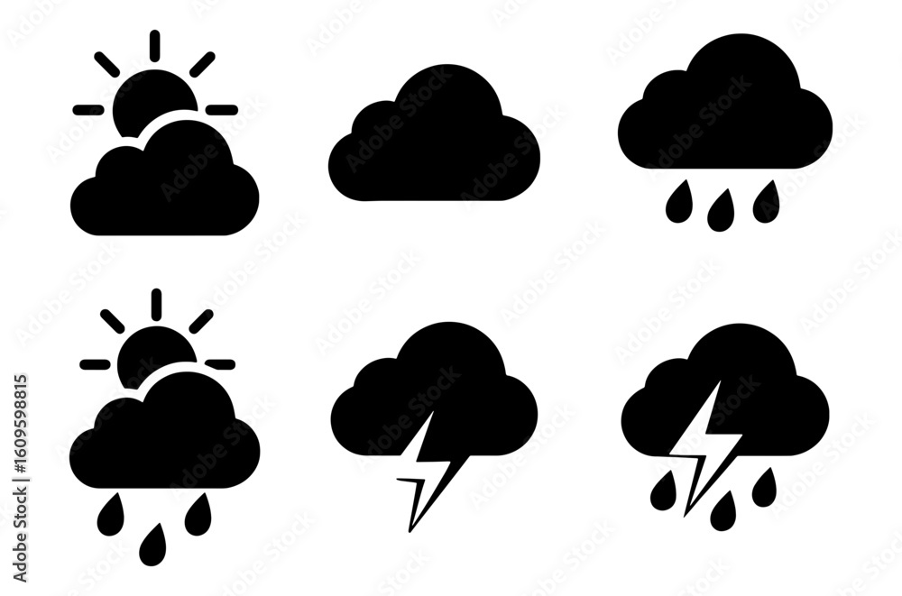 Obraz premium Weather icons showing sun clouds rain and lightning