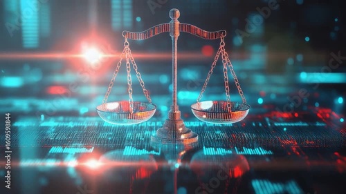 Digital representation of a balanced scale symbolizing justice and equality in a modern technological environment 4k video footage