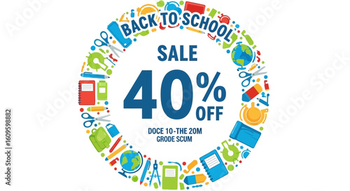 Grab amazing back to school savings with this vibrant 40% off sale announcement featuring essential supplies and global motifs