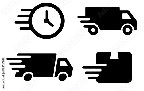 Clock and transport trucks conveying fast delivery