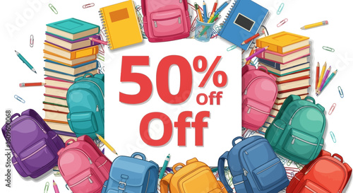 Score amazing savings with this vibrant 50% off back-to-school sale featuring colorful backpacks and essential school supplies, perfect for promotions!