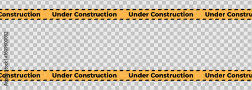 Under construction yellow warning tape safety stripe. Caution barrier stripe for safety zone, blocked area, website page, road work, site maintenance, redesign progress. Vector illustration.