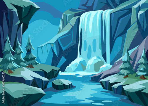 Mountain waterfall scene with stylized rocks and trees in a cool color palette. Cascading water flows over a rocky precipice in a serene. fantasy style mountain setting.
