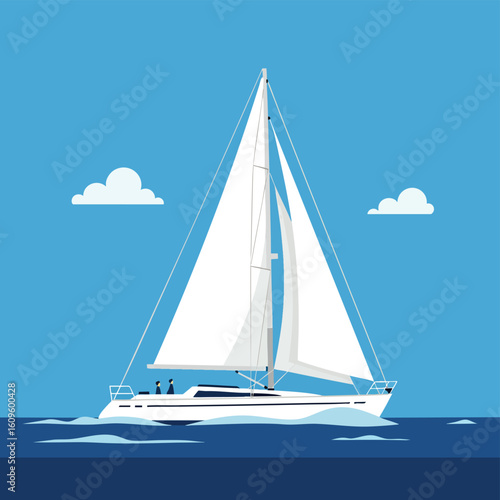 Elegant White Sailing Yacht on Calm Blue Sea.