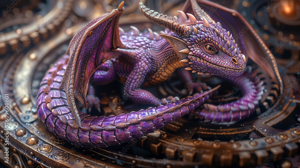 Obraz premium Fantasy-style purple dragon curled atop brass gears in a steampunk-inspired setting, metallic textures and realistic lighting detail