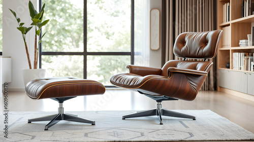 Brown Modern Lounge Chair and Ottoman