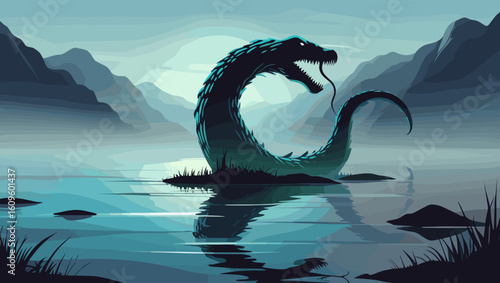 Mysterious creature emerging from the water in a misty lake landscape