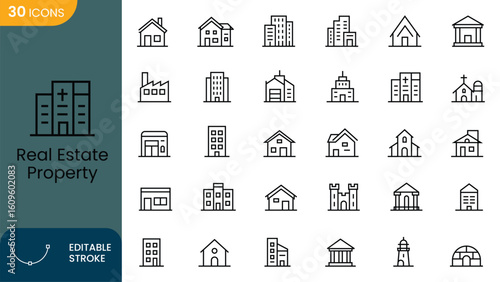 Editable Real Estate Property Icons | Minimal Line Art Building Set