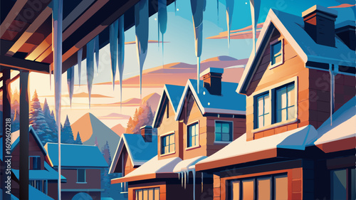 Winter wonderland village scene with icicles and snow covered houses. Cozy houses nestled amongst the mountains at sunrise with a backdrop of winter scenery.