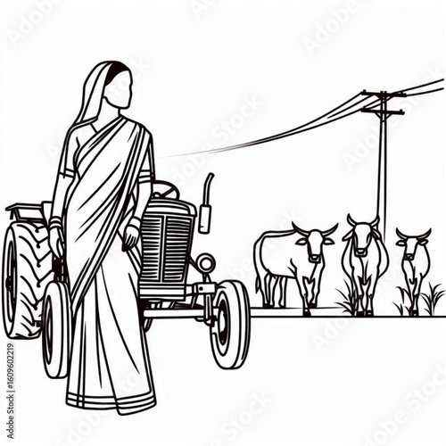 A woman in a saree standing next to a tractor with cows nearby in a simple line art style, copy space