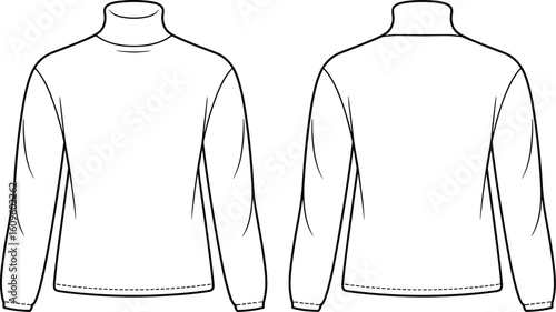 Long sleeve turtleneck shirt front and back vector template, blank winter top mockup for fashion design, apparel sketch illustration