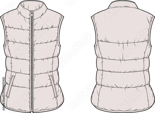 Vector illustration of sleeveless puffer vest front and back, quilted insulated jacket mockup template for winter fashion and apparel design