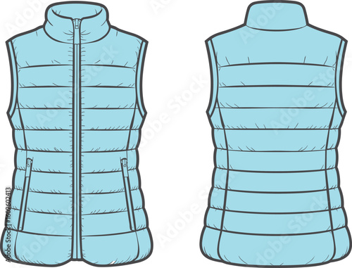 Vector puffer vest front and back view, sleeveless quilted jacket mockup, insulated outerwear template for winter fashion design
