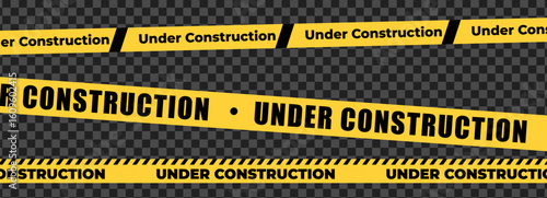 Under construction sign with yellow warning tape safety stripe. Caution barrier stripe for safety zone, blocked area, website page, road work, site maintenance, redesign progress. Vector illustration.