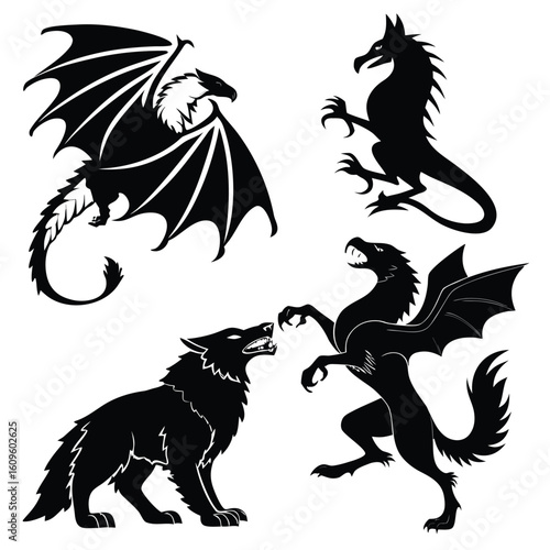 Black mythological creatures in battle dragon wolf
