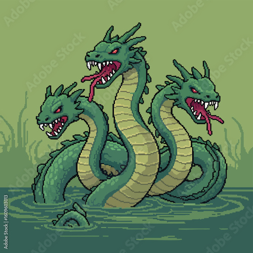 Pixel Art Three-Headed Green Dragon Emerging from Swampy Waters.