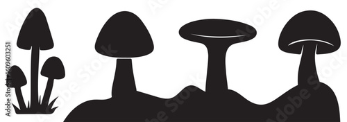 Cartoon vector mushrooms clipart, doodle icon set. Black silhouettes isolated on white background. Black Mushroom icon set. Vector illustration.