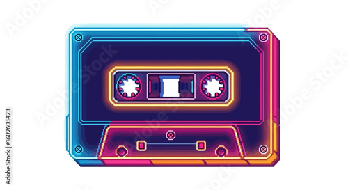 Neon-lit, stylized illustration of a vintage audio cassette tape.
