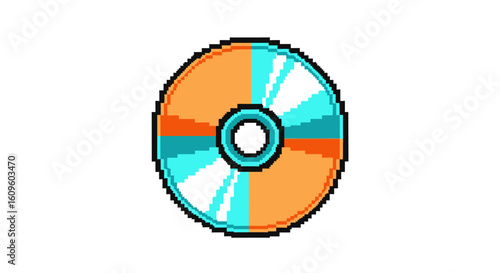 Pixel art depiction of a compact disc, split into orange and teal halves.