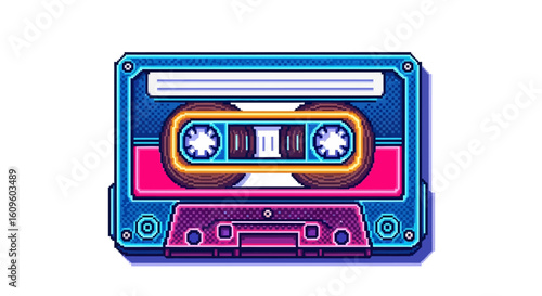 A vibrant, stylized illustration of a cassette tape.