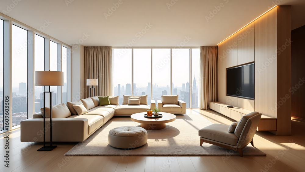 Fototapeta premium A modern, minimalist living room with a large beige sectional sofa, round coffee table, two armchairs, floor lamps, a wall mounted TV, and floor to ceiling windows showcasing a cityscape view.