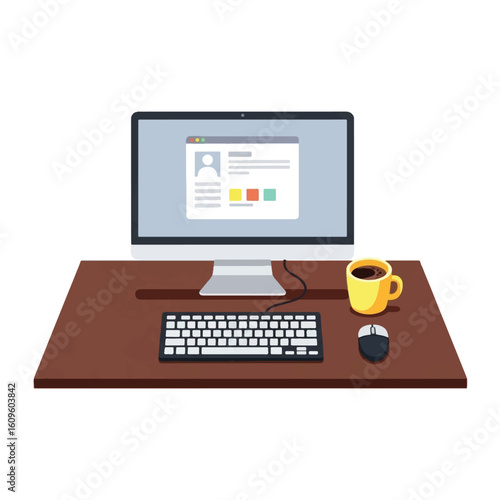 Computer workstation setup with a monitor displaying a profile page, keyboard, mouse, and a yellow mug of coffee on a brown desk.