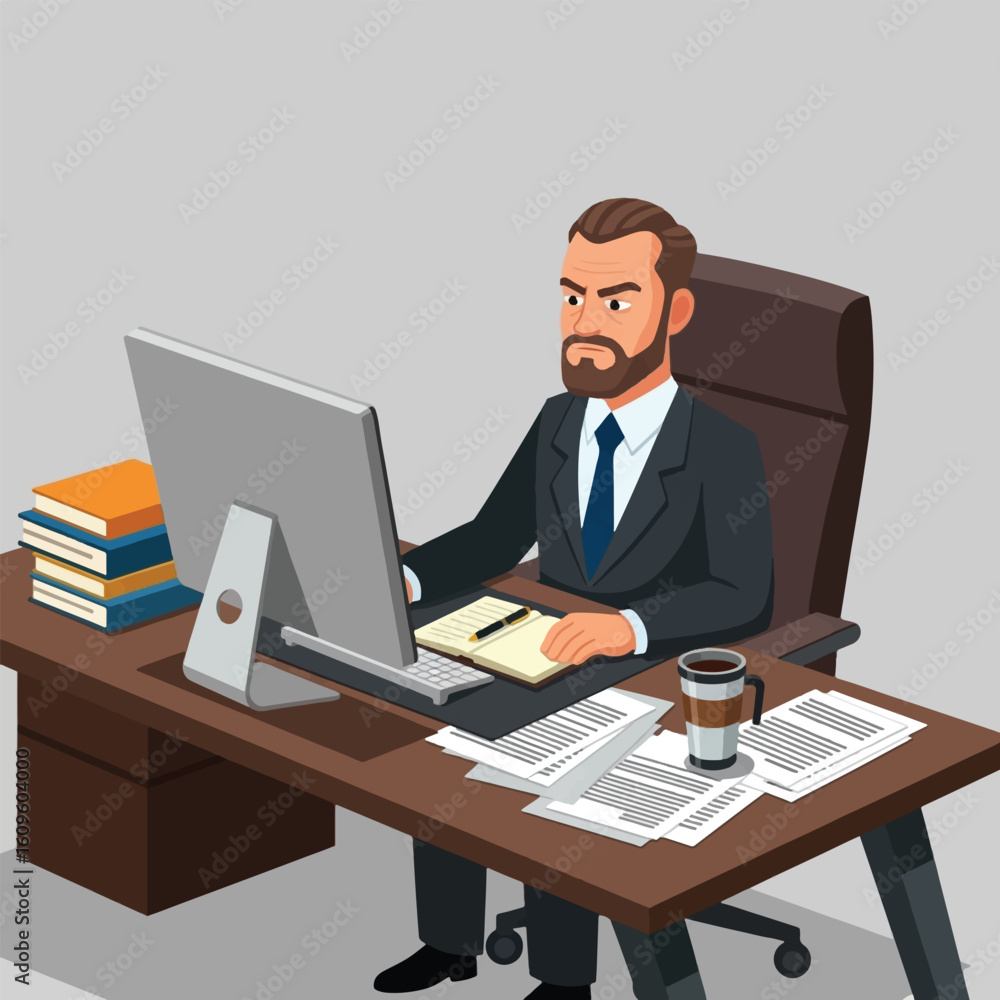 Cartoon illustration of a serious businessman working at his desk with a computer, papers, coffee, and books. Cartoon illustration of a serious businessman working at his desk with a computer, papers, coffee, and books.