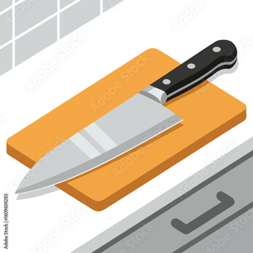 Sharp Chefs Knife on Orange Cutting Board.