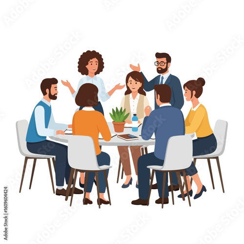 Diverse business team collaborates, engaging in a lively roundtable discussion.