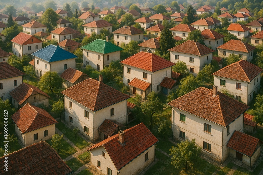 Aerial View of Peaceful Suburban Town with Colorful Roofs Aerial View of Peaceful Suburban Town with Colorful Roofs