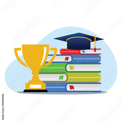 Education achievement vector. Golden trophy with graduation cap and stacked books. Flat illustration for scholarship, learning, and academic success concept.